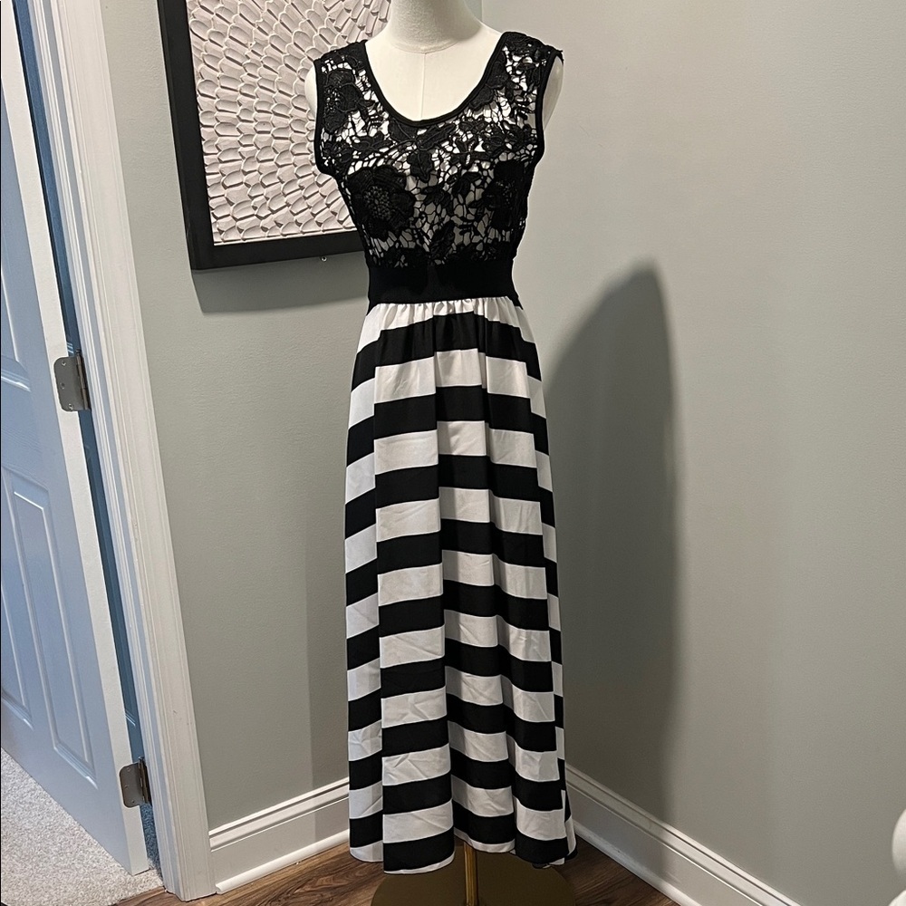 Black and White Striped Fliral Lace See Through Dress